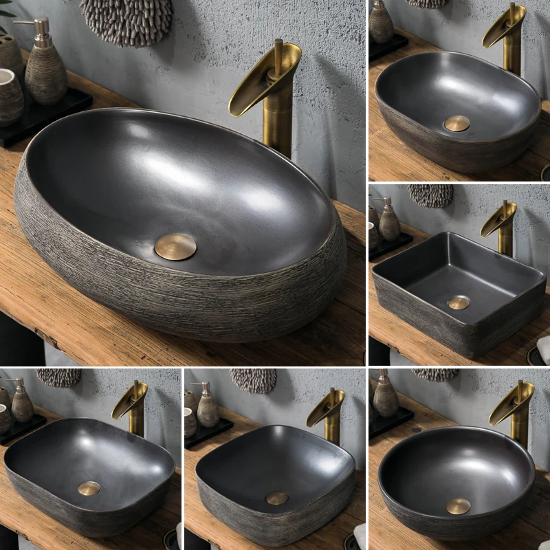 

Black simple ceramic table basin, retro art wash basin, bathroom household wash basin, balcony wash basin
