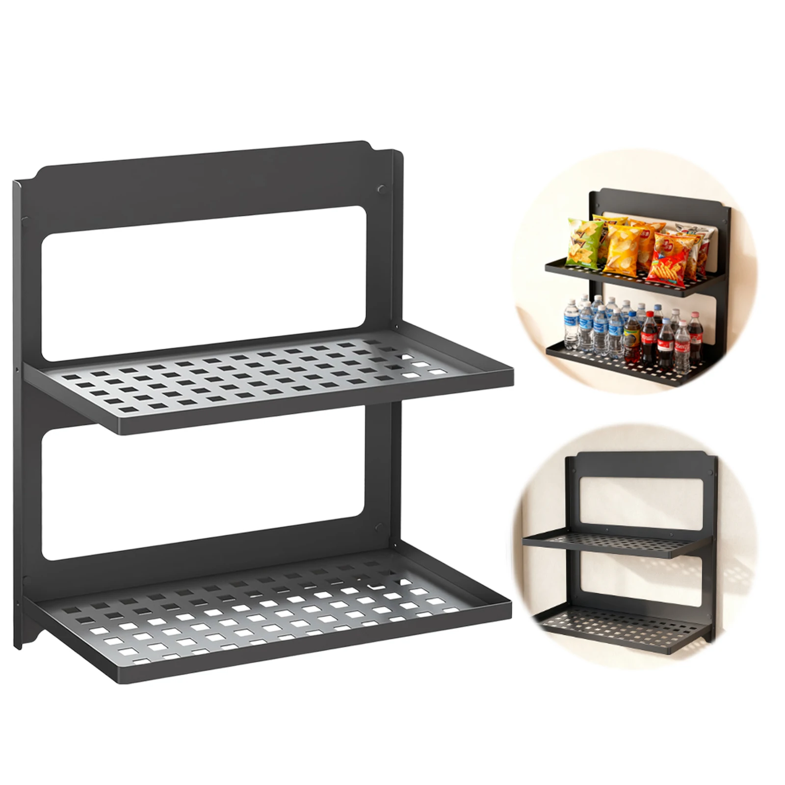 

2-Tier Foldable Rack Combined Double-Layer Shelf Wall-Mounted Metal Shower Shelf Rack Stackable for Living Room Kitchen Bathroom