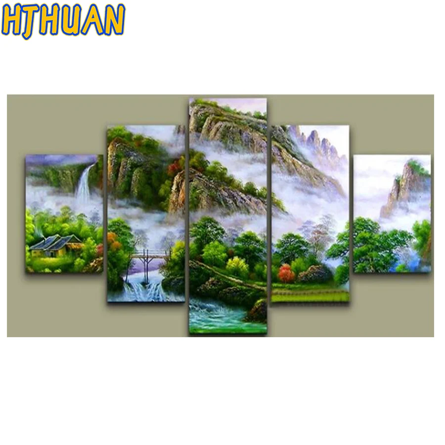 

5pcs 5D Diy full Diamond Painting Cross Stitch Diamond Embroidery Chinese Green Mountain Landscape Mosaic Wedding Decoration