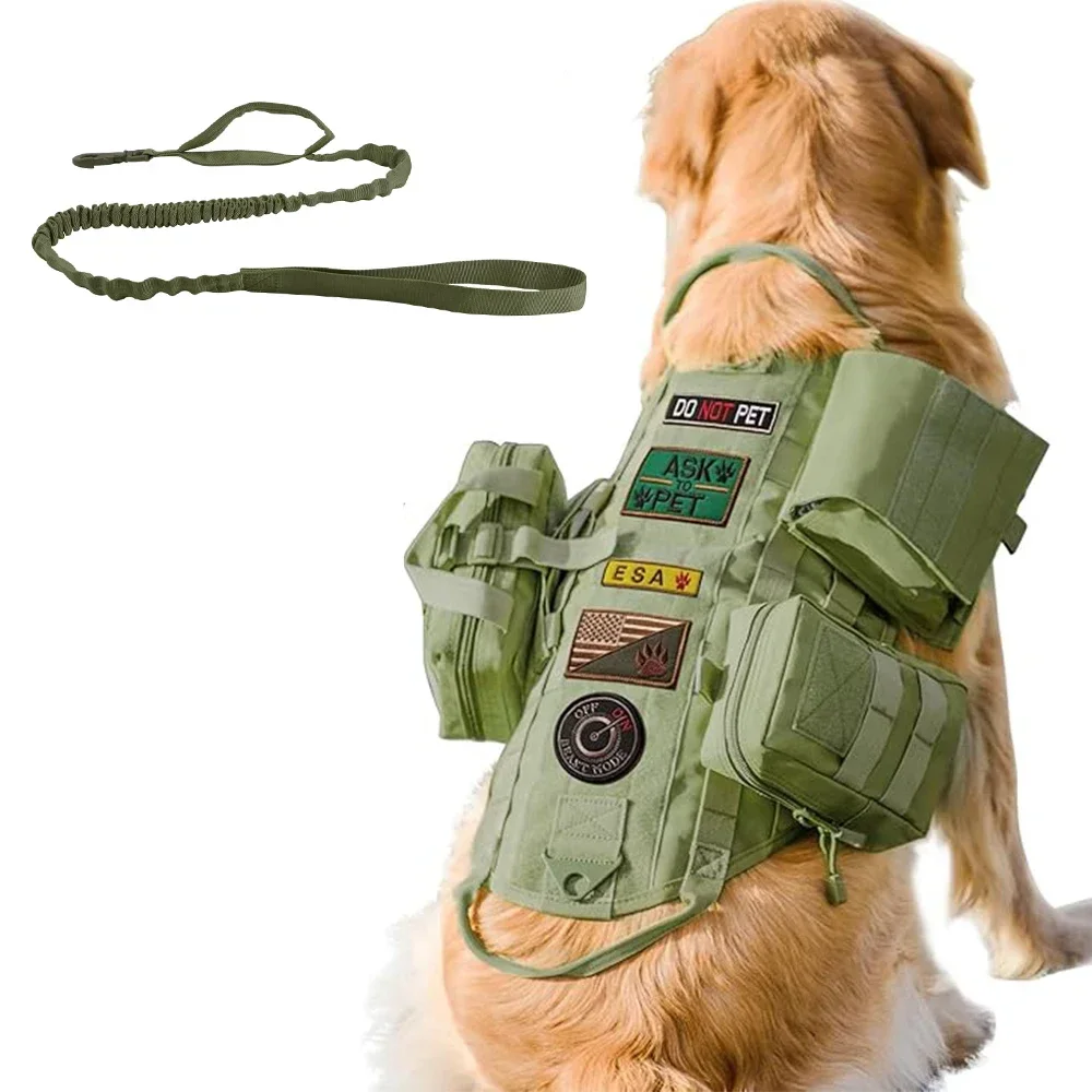 Tactical Dog Vest Style Harness Heavy Duty Dog Harness with 3 MOLLE Bags and 1 Bungee Leash  for Medium Large dog training