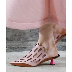Pink Hollow Design Pointed Toe Slippers Slip On Women Shoes Strange Style Heels Fashion Banquet Runway 2023 Zapatos Para Mujere
