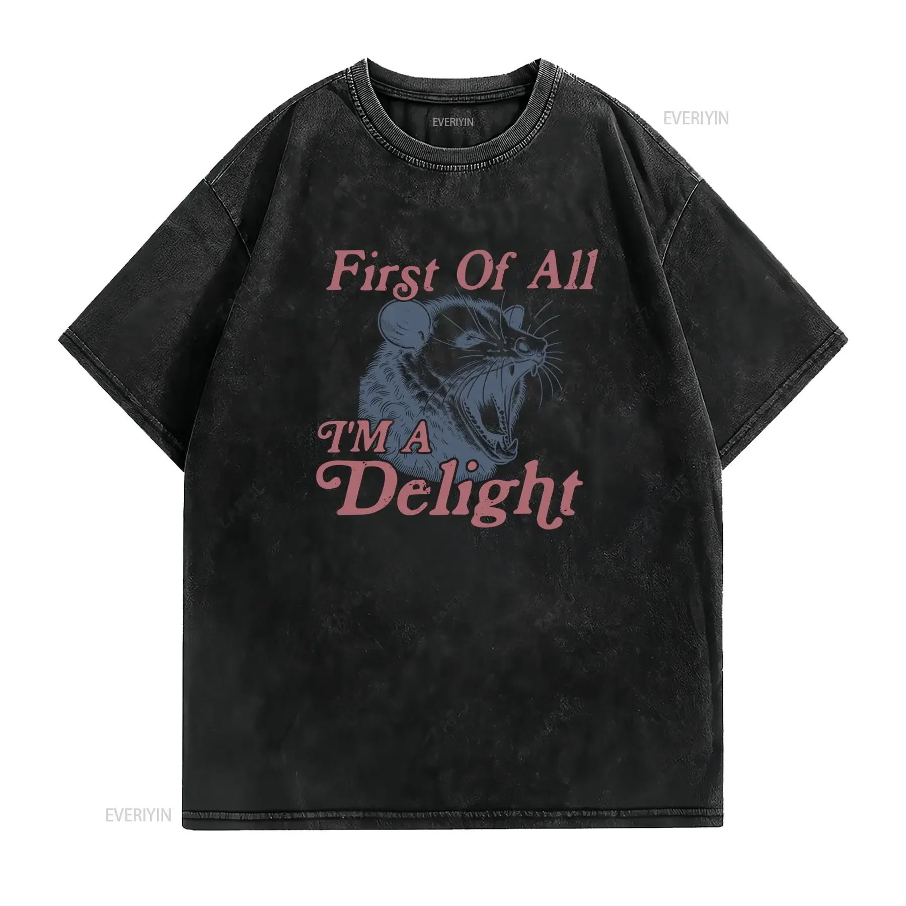 Vintage Funny Sarcastic Screaming Rat I'm A Delight Slogan Print Casual Streetwear T Shirt vintage Washed Comfortable