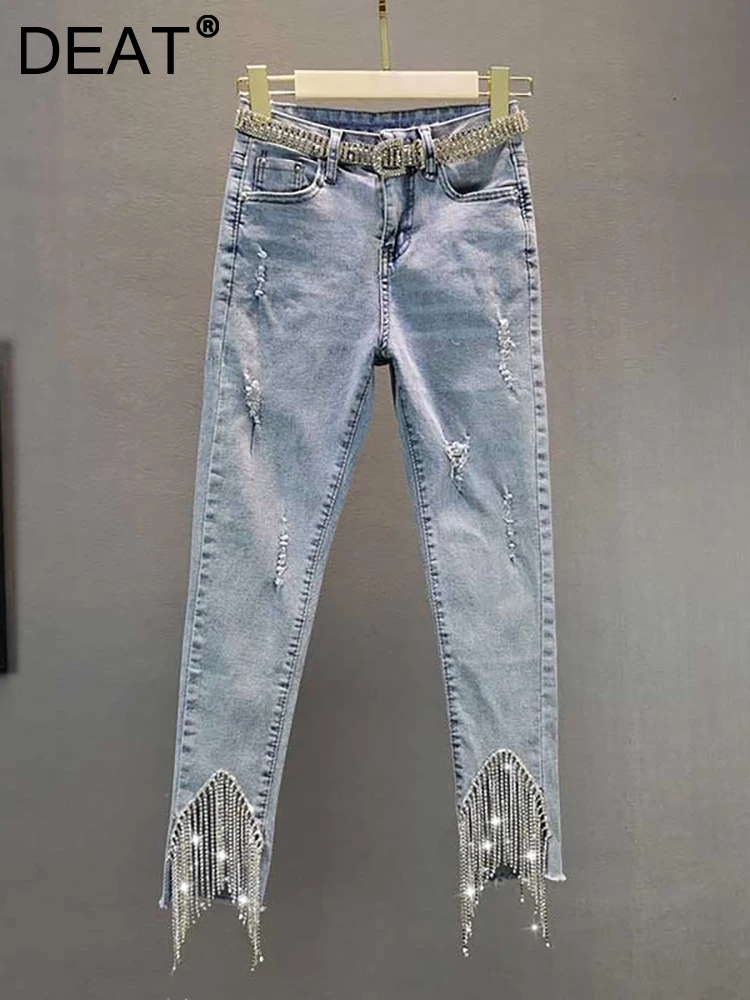 DEAT Women Jeans High Waist Solid Color Slim Tassel Diamonds Belt Denim Ankle-Length Pencil Pants2024 Autumn New Fashion 29L1698