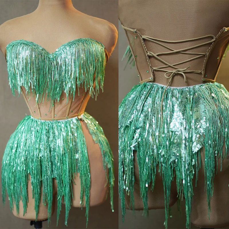 Women Drag Queen Costume Gogo Dancewear Sexy Stretch Green Sequins Fringed Bodysuit Pole Dance Dress Stage Rave Outfit 7832