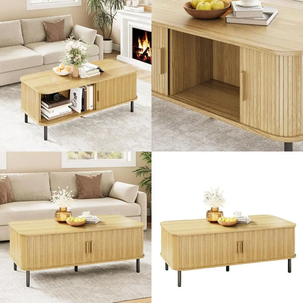 

Mid Century Modern Rectangular Coffee Table with Storage, 47.2 Oak Wood Center Table featuring Sliding Tambour Door and Adjustab