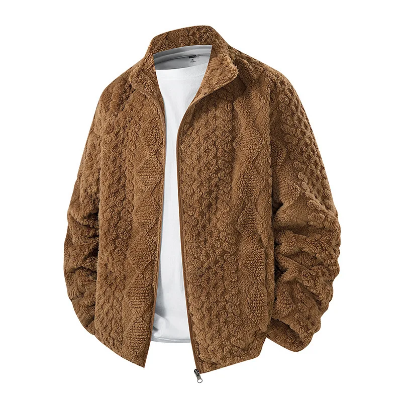 Autumn Winter Man Fleece Coat New Cold-proof Long Sleeve Zipper Male Outerwear Solid Color Stand Collar Loose Daily Men Jacket