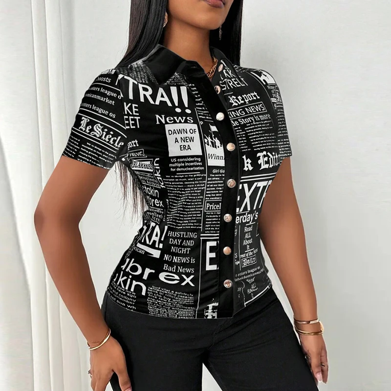 夏のファッションボタンスリムフィットシャツ女性エレガントな半袖シングルブレストレタープリントブラウス女性のためのトップス