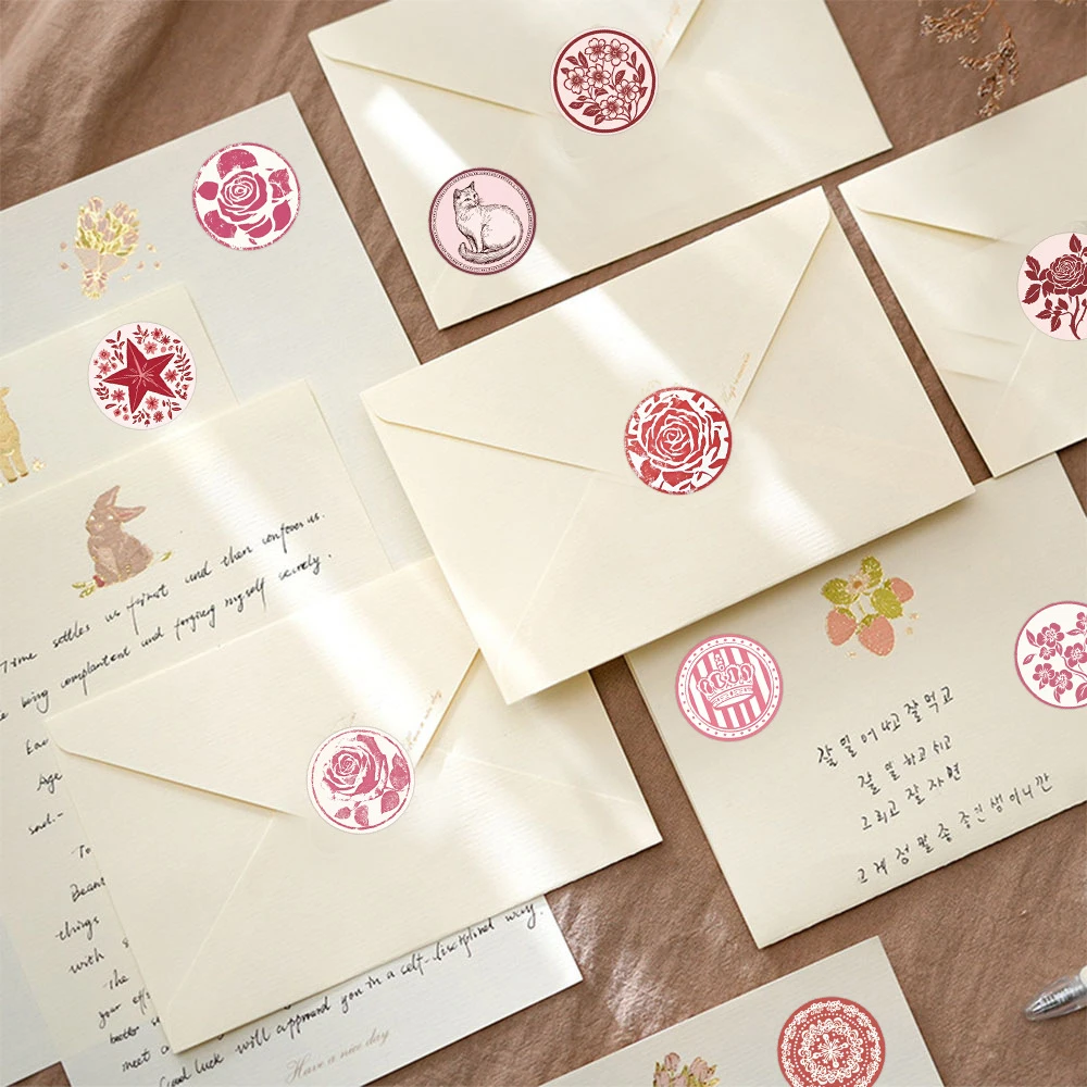 Rouleau d'autocollants de scellage à motif esthétique rose mignon, 500 pièces/rouleau, décalcomanies de chat de fleur de dessin animé, autocollant de décoration pour bagages, téléphone, carnet de notes, DIY bricolage