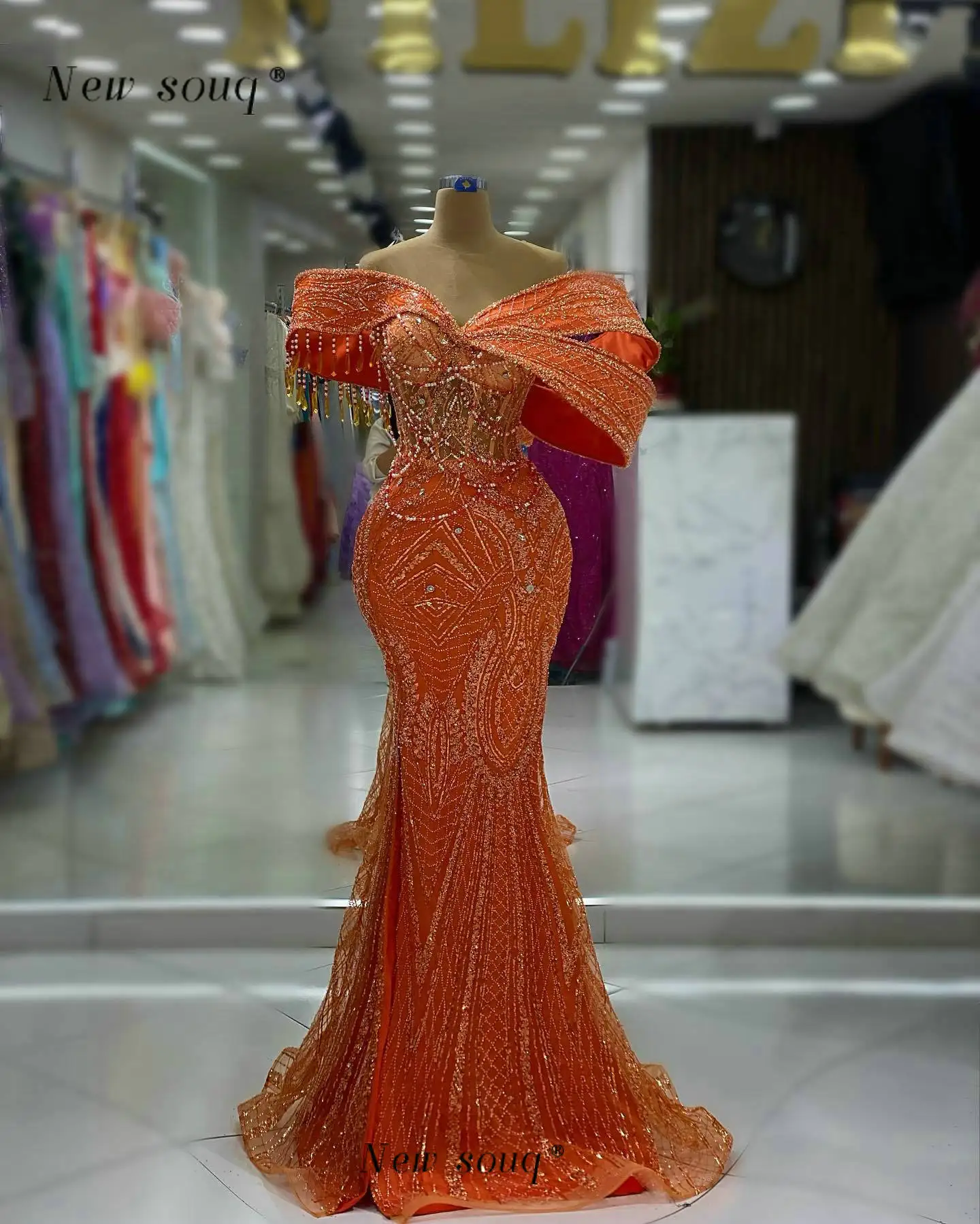 Arabic Orange Long Evening Dresses with Bolero Wrap Fashion Sparkly Beaded Sequined Formal Mermaid Gowns for Wedding Party