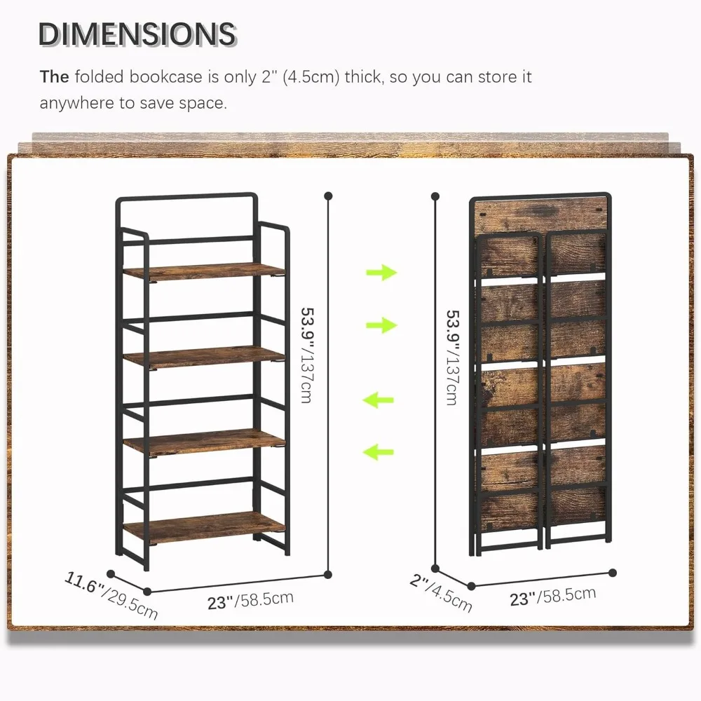 4-х ярусная складная книжная полка без сборки, полки для хранения, винтажный книжный шкаф, стоячие стеллажи, органайзер для учебы, домашний офис