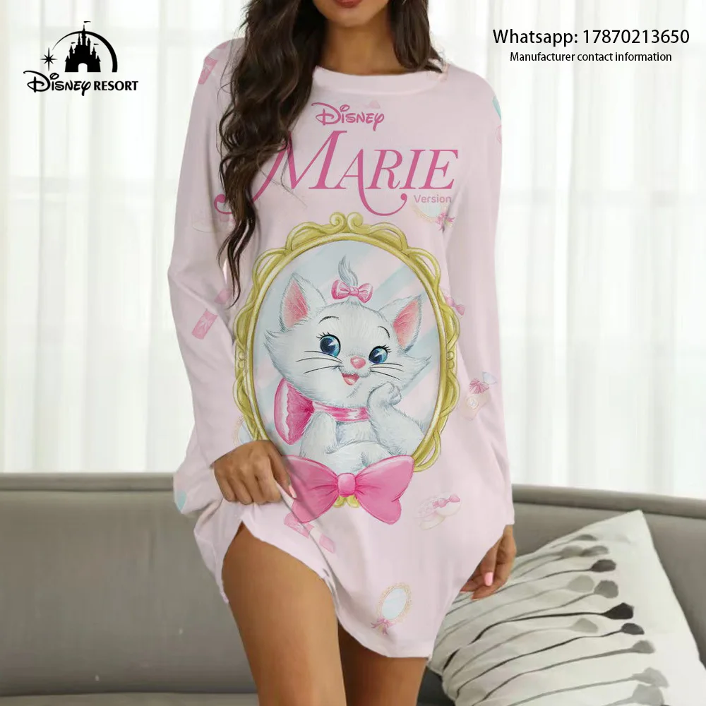 Spring and summer dress Mary cat cartoon pattern long-sleeved summer dress kawaii round neck home wear dress