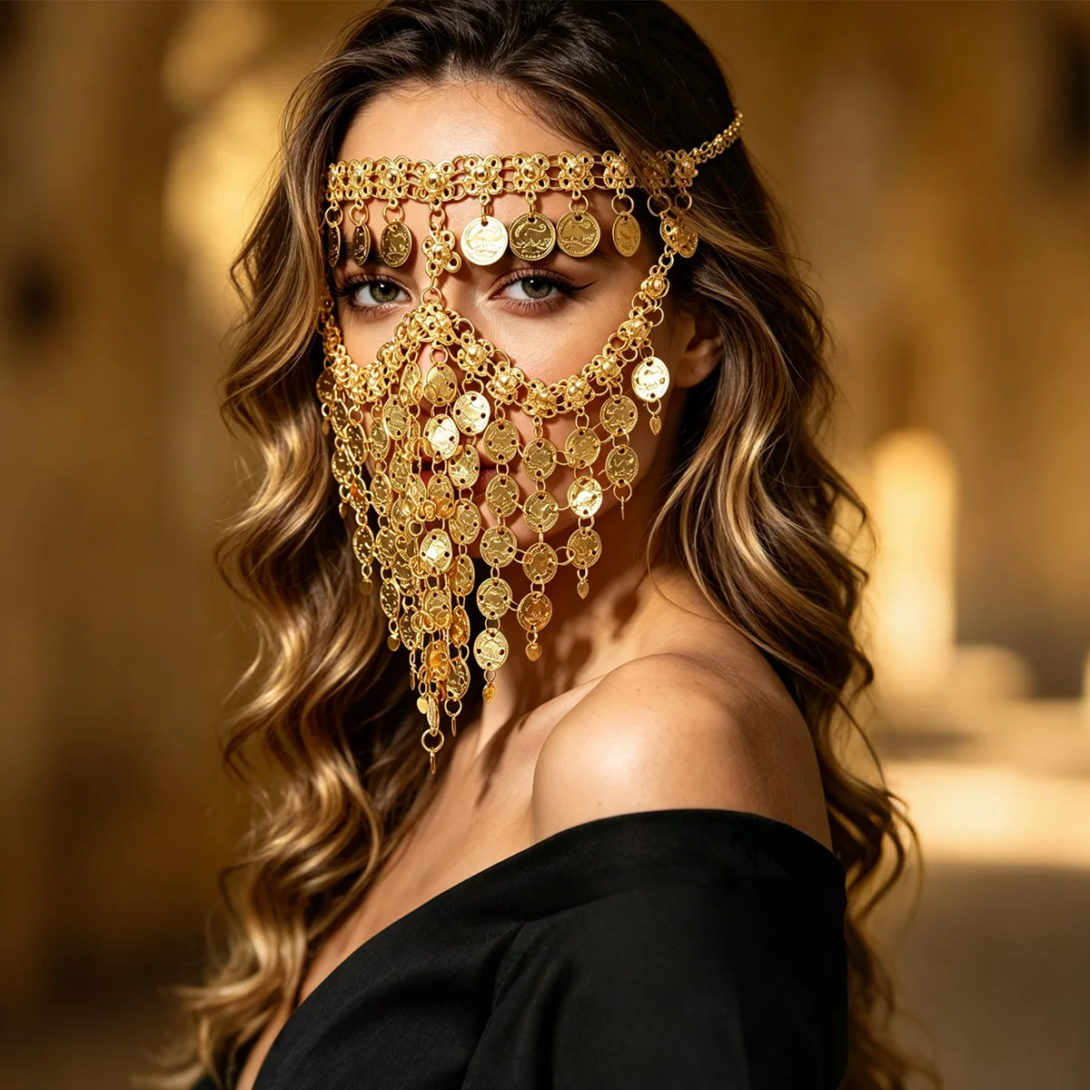 Middle Eastern Gold Coin Tassel Face Veil, Multi-Layer Belly Dance Face Chain Accessory, Sparkling Pendant Stage Styling Gift