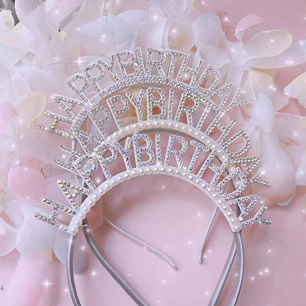 Exquisite Sweet Birthday Hairband Simple Women Girl Alloy Rhinestone Crown Pearl Birthday Hat Headwear Female Jewelry