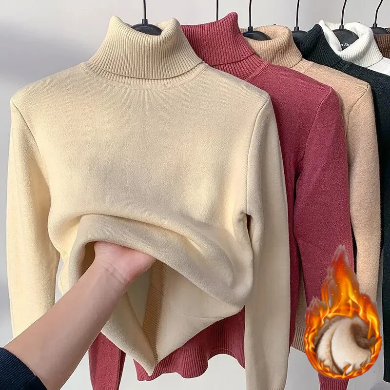 

Zjaiss 2025 Casual Solid Sweater For Women Pullovers Autumn Winter Women Turtleneck Velvet Thicken Warm Sweater Fleece Thermal