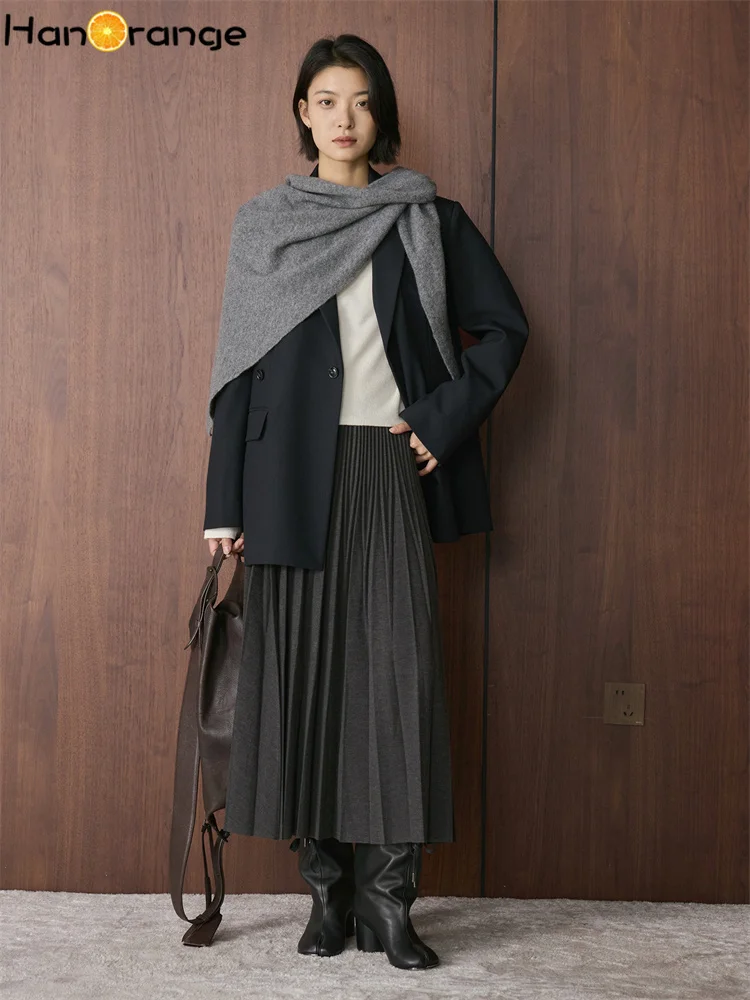 Rok Panjang Wanita HanOrange 2025 Musim Dingin Retro High Waist Model Lipit Longgar A-line Hitam/Abu-abu Tua/Cokelat