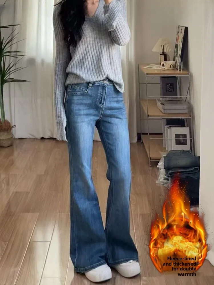 

plus Size Vintage Fce Lined Thiened High Waist Wide Leg Jeans Women's Spring Elastic Slim Straight Hoof Pants