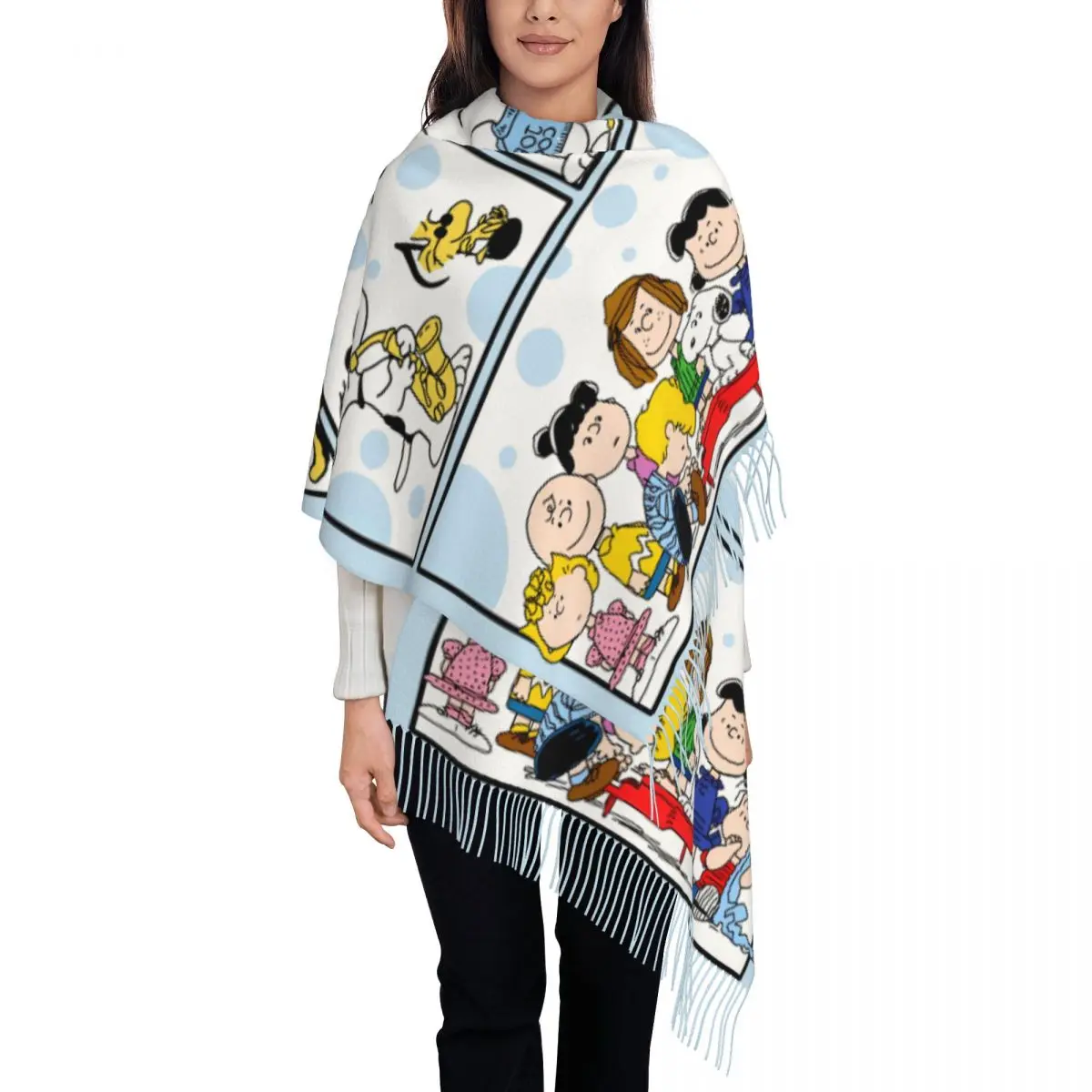 

Custom Cartoon Snoopy Tassel Scarf Women Winter Fall Warm Shawls Wraps Ladies Scarves