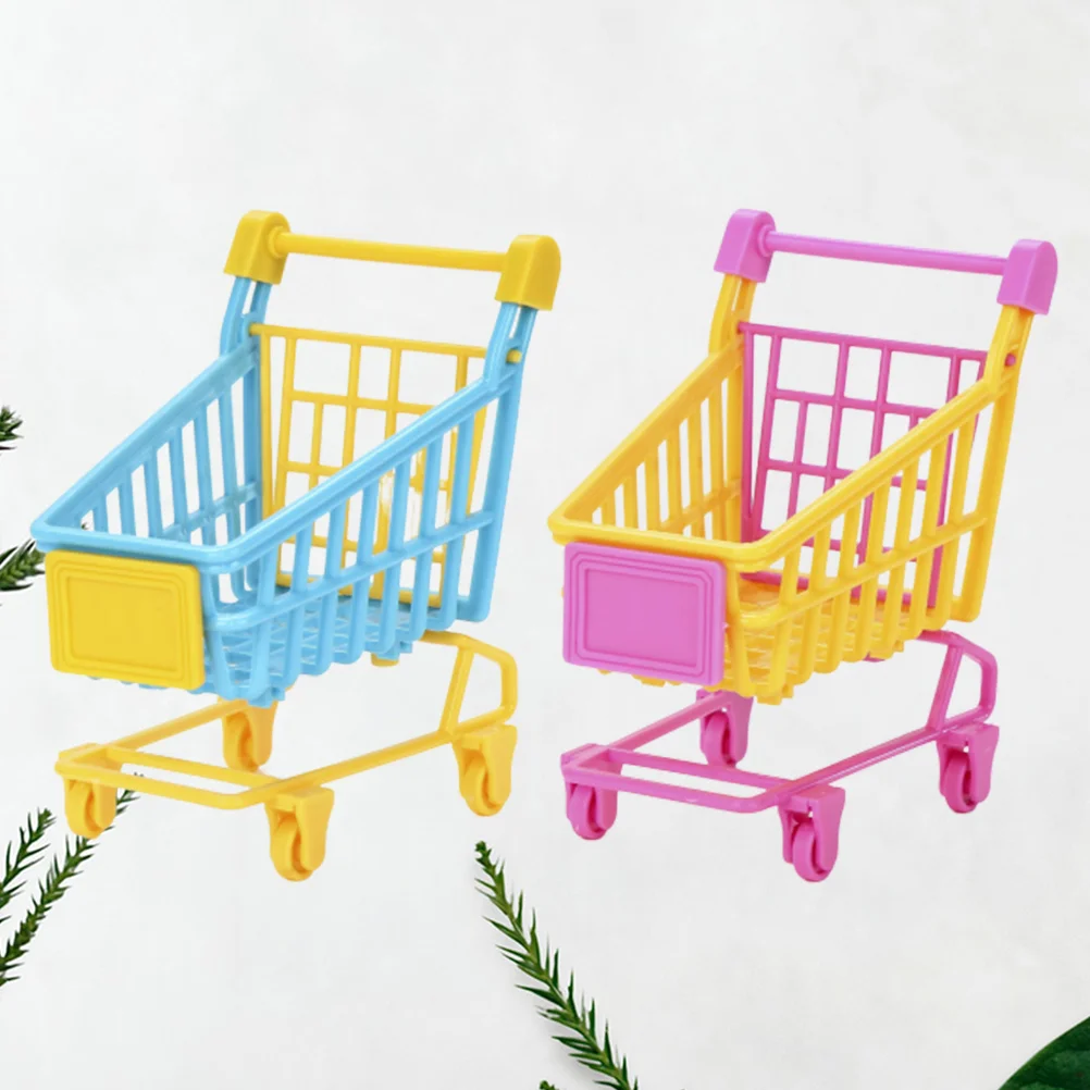 

2 Pcs Mini Shopping Cart for Kids Miniture Decoration PVC Simulation Trolley Dolls Storage Rack