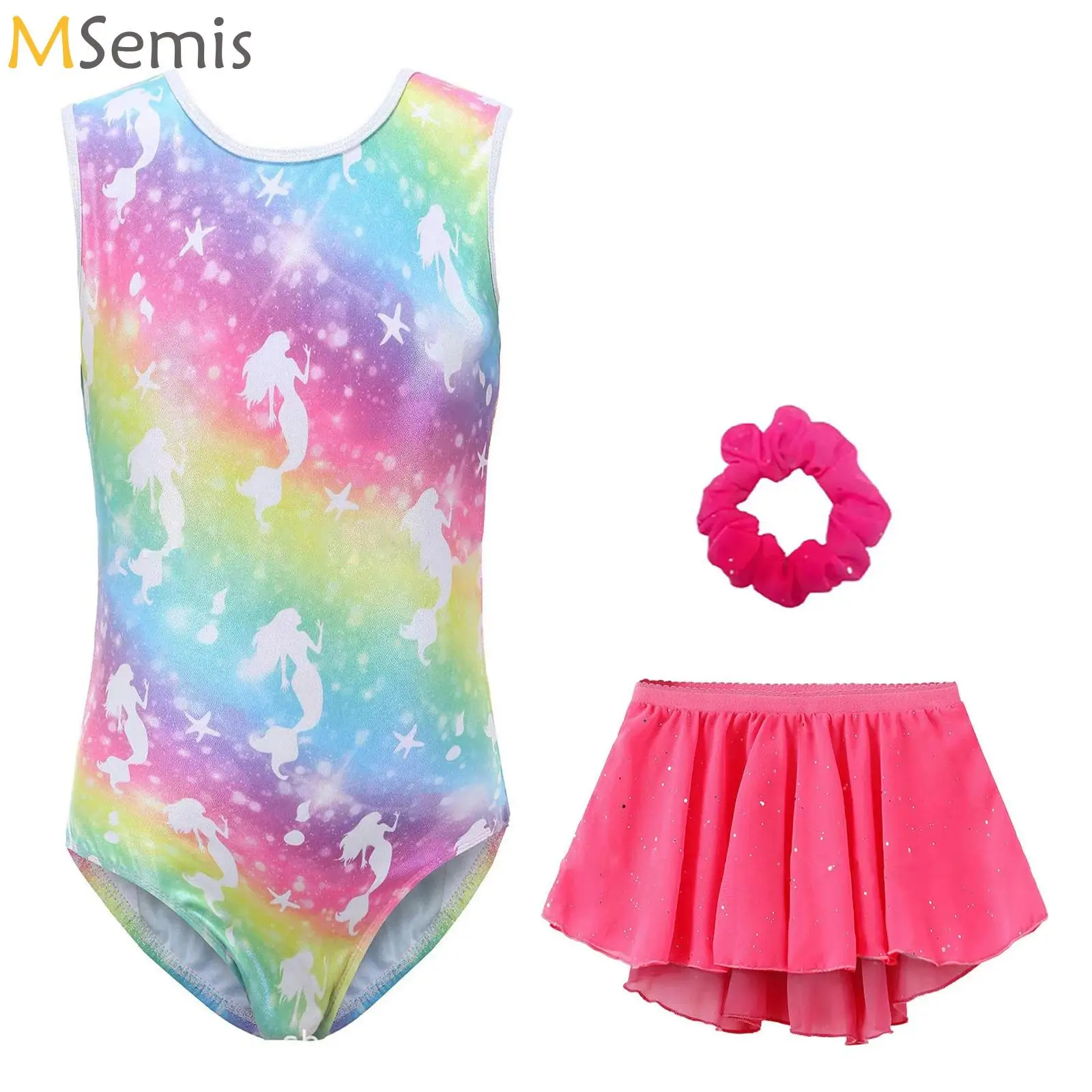 

Kids Girls Gymnastics Jersey Ballet Dance Outfit Sleeveless Cute Printed Yoga Workout Leotard with Sequined Skirt and Hair Band