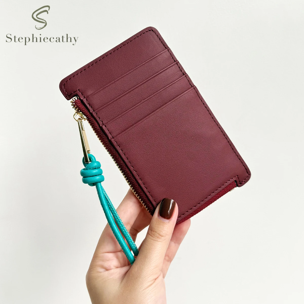 SC Fashion Women Real Leather Slim Card Holder Color Block Zip Pocket Cards Coins Cash Portable Daily Coin Purse Small Wallet