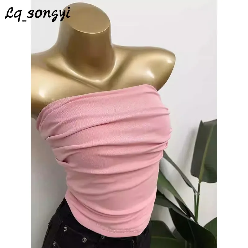 

Lq_songyi Folds Tube Top Women Slim Sleeveless Tops Korean Style Sexy Solid Basic Camisole