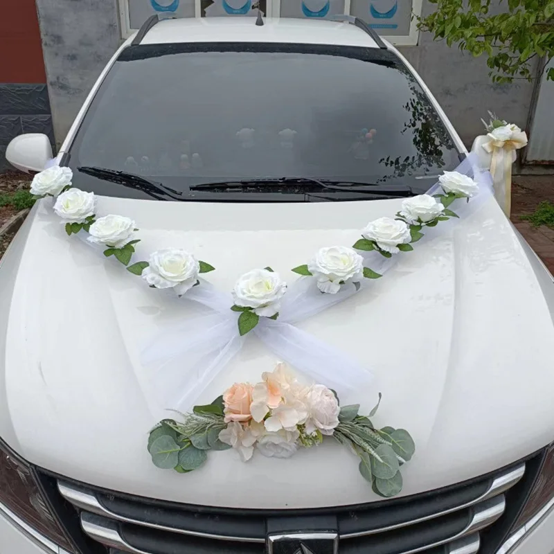 White Rose Artificial Flower for Wedding Car Decoration Bridal Car Decorations Door Handle Ribbons Silk Flower