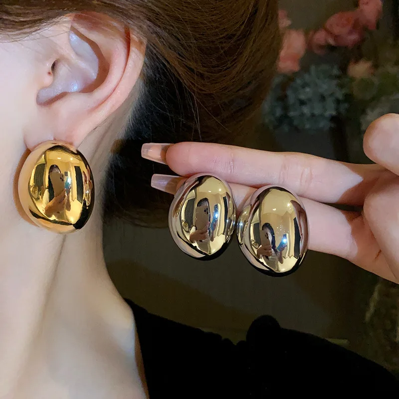 Gold Plated Water Drop Oval Metalic Stud Earrings for Women Glossy Silver Color Ear Studs Trendy Personality Punk Jewelry W