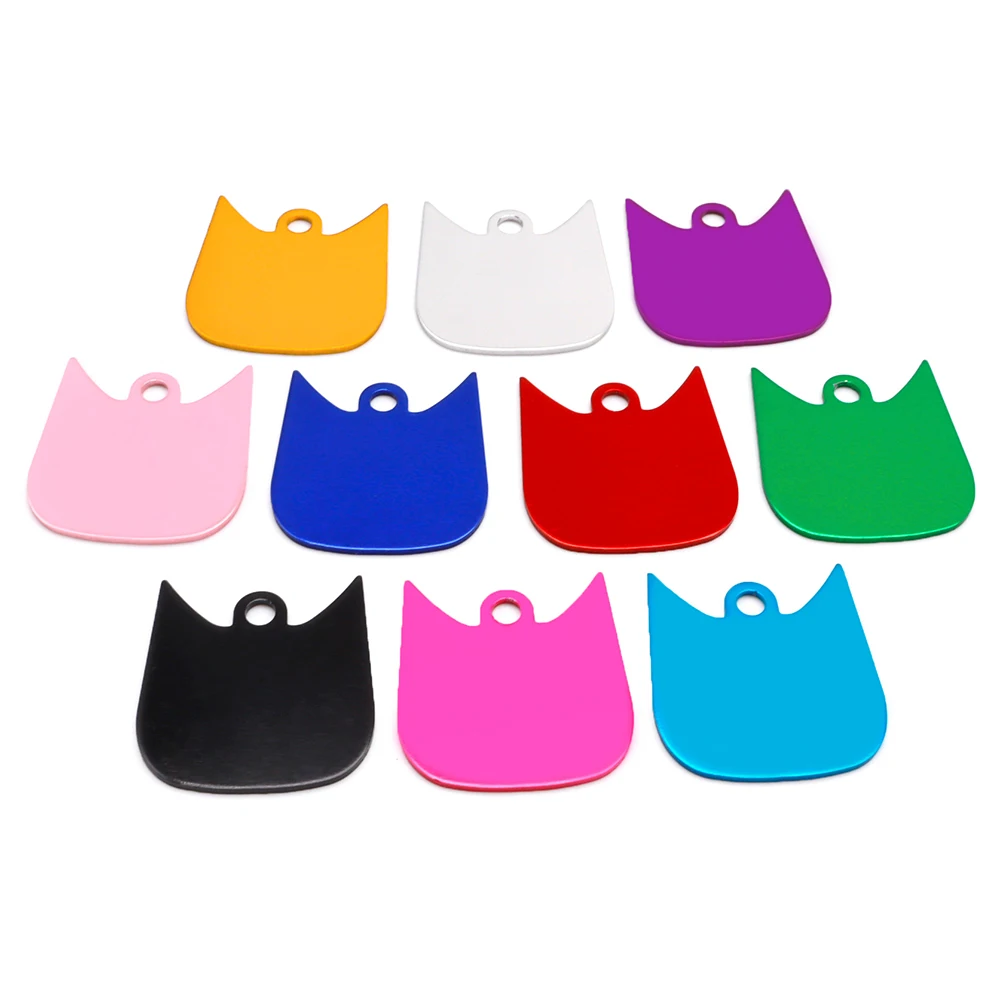 Vente en gros de 100 étiquettes d'identification personnalisées pour chat en aluminium, avec visage de chat, gravées sur mesure avec nom et numéro de téléphone, pour collier.