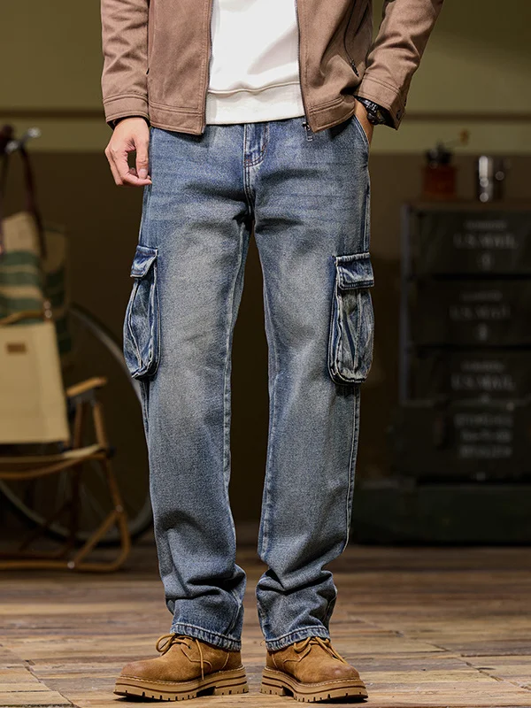 

Men's Loose Straight Leg Denim Jeans Autumn Spring Workwear Wind Multi ket Wide Leg Outdoor Heavy Du mid Waist Zipper