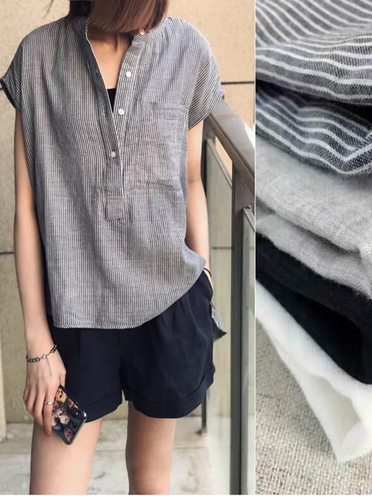 

Утягивающий хлопковый льняной женский свободный модный летний топ больших размеров в Корейском стиле с пуговицами, повседневный цвет