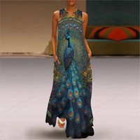 Summer Women's Fashionable Peacock Print Sleeveless Loose Drees Elegant Retro V-neck Sexy Pocket Maxi Dresses Traf Mujer