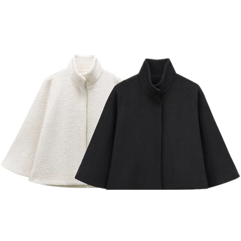 เสื้อคลุมขนสัตว์ผสมทรงหลวม คอตั้ง สไตล์คลุมไหล่ สำหรับผู้หญิง ฤดูหนาว 2024 สินค้ามาใหม่ ใช้งานได้หลากหลาย แฟชั่นเสื้อคลุมสำหรับผู้หญิง