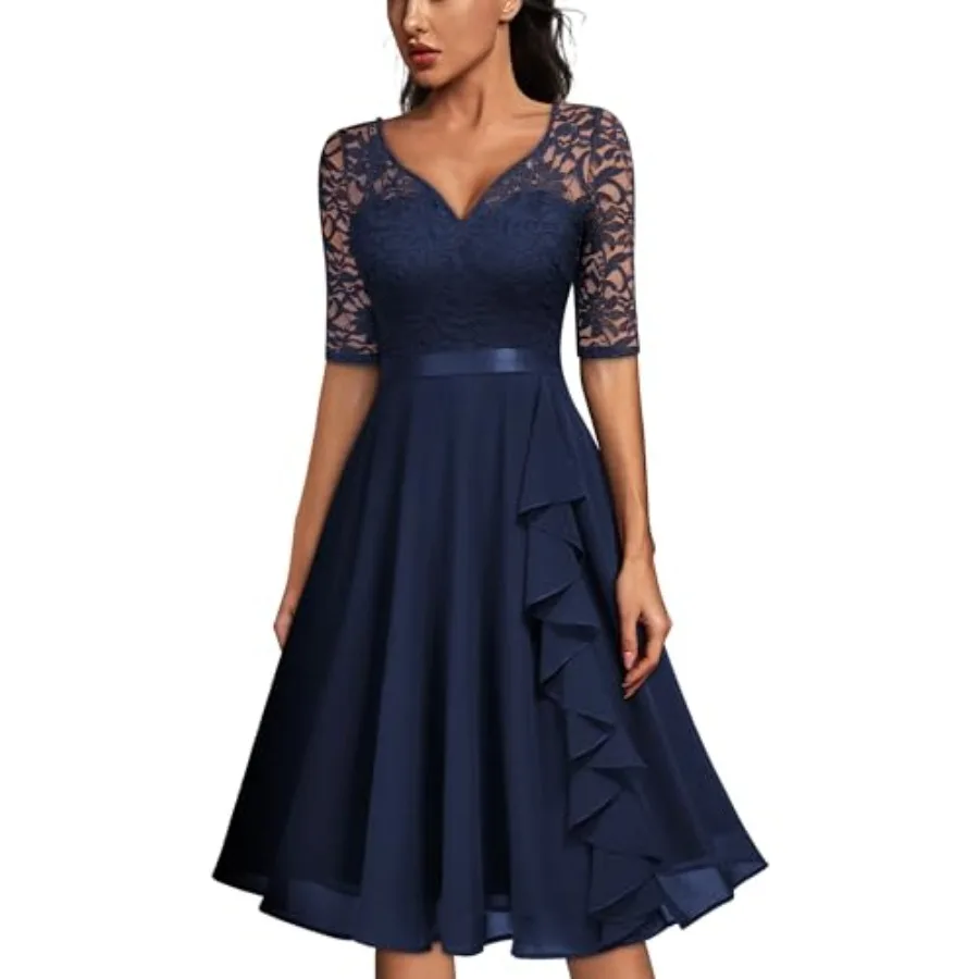Women's V-Neck Floral Lace Elegant Style Half Sleeve Bridesmaid Party Dress