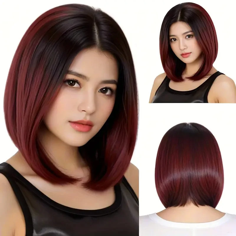 Black to red gradient short straight hair with bangs, bob style, full wig