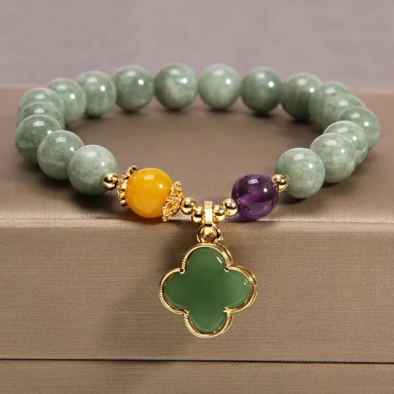 

Natural Stone Four Leaf Clover Bracelet For Women New Chinese Style Vintage Simple Hand Beaded Bracelet Gift For Student Friends