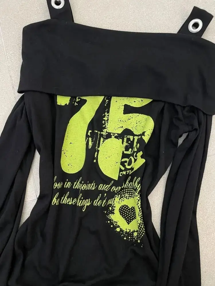 Original subcultura preto fora do ombro punk impresso hip abraçando jaqueta longa outono vintage picante menina fino ajuste zíper cardigan