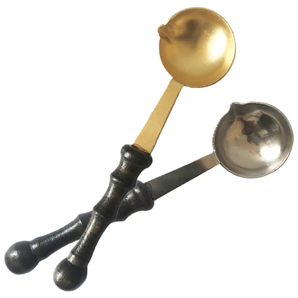 

2pcs Wax Melting Spoon Retro Wooden Handle Copper Silver Easy Clean Portable Seal Tool for Gift Box Invitations Letter