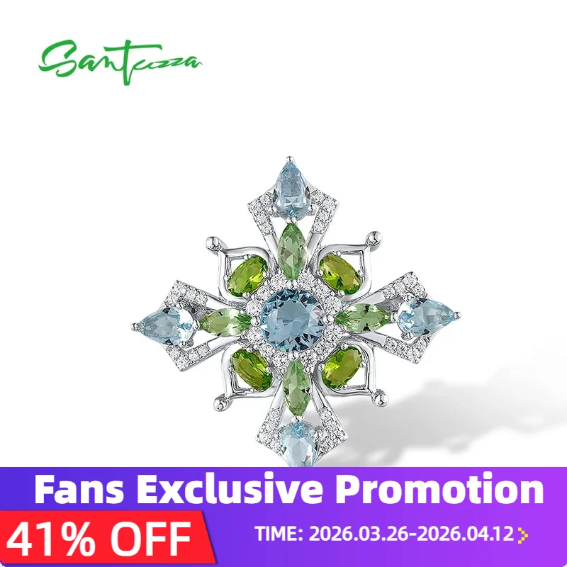 

SANTUZZA Genuine 925 Silver Brooch For Women Sparkling Blue & Green Stone Delicate Wedding Party Gifts Fine Jewelry