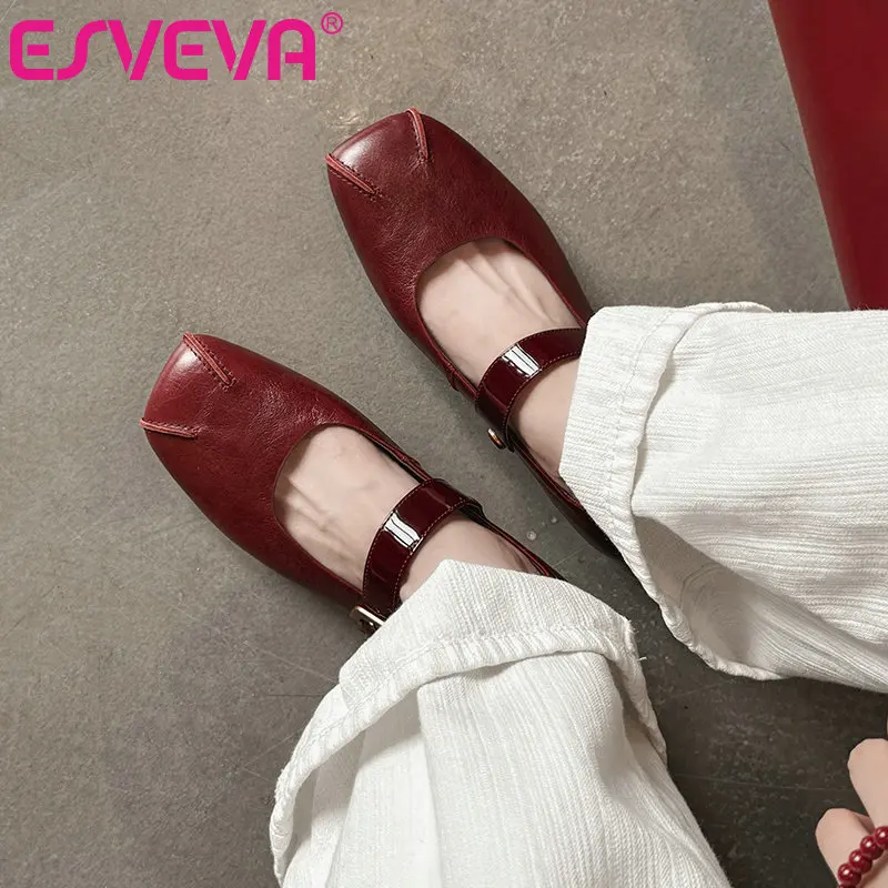 ESVEVA 2025 حذاء نسائي فردي برأس مربع وكعب منخفض من الجلد المسطح، حذاء نسائي بزر واحد، المقاس: 34-40