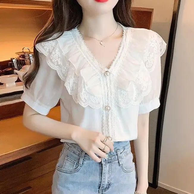 New Sweet and Elegant Lace Ruffled Solid Color V-neck Short-sleeved Chiffon Shirt Top