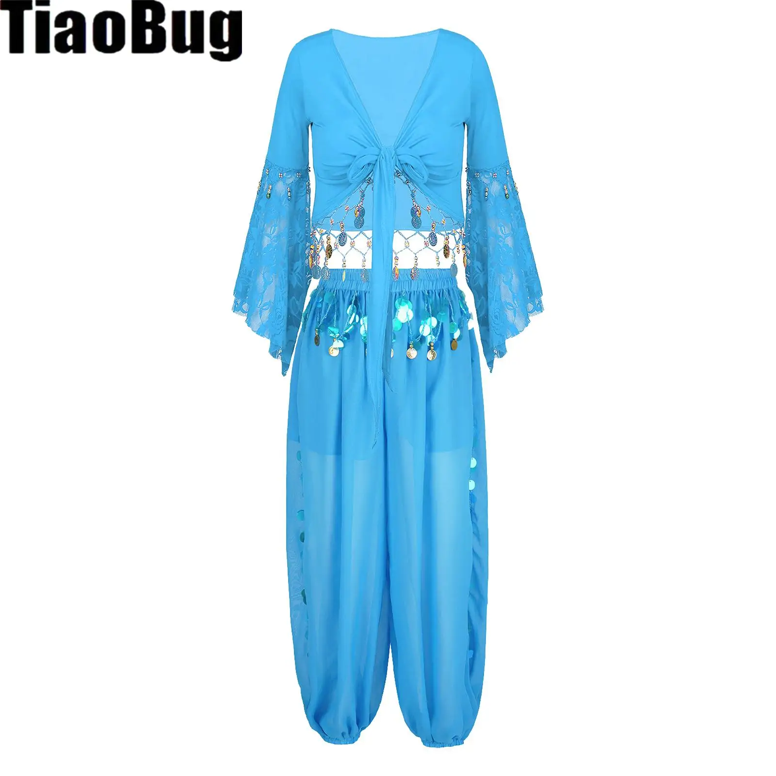 

Женский костюм для танца живота, Кружевной укороченный топ в стиле пэчворк на шнуровке 3/4, с Боковым Разрезом и блестками, брюки-шаровары