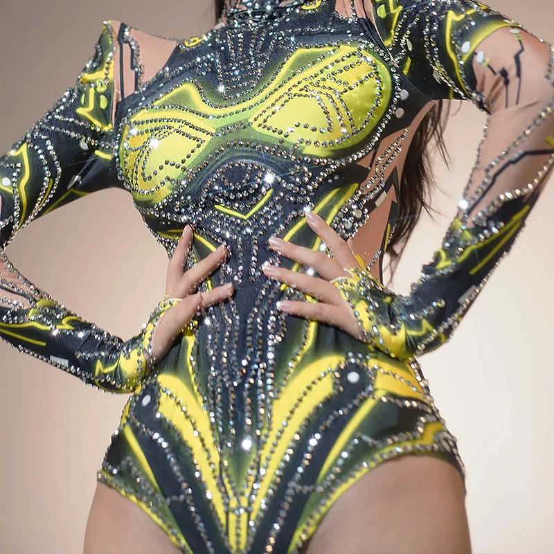 Shinning Rhinestone Bodysuits Green Rave Mecha Ji Halloween Costume Drag Queen Club Party Gogo Dancer Clothing Festival