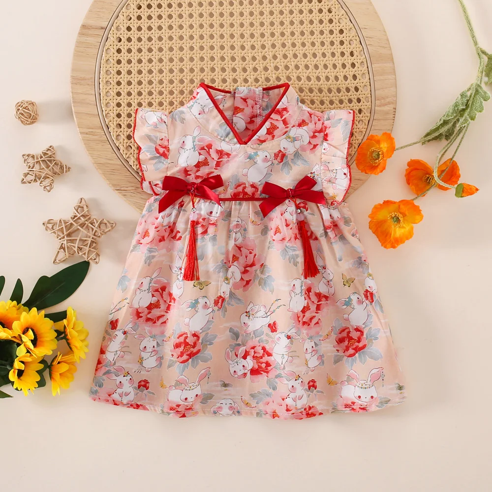 Chinese Style Girl Dress Summer Baby Girl Double Bow Small Rabbit Print Small Fly Sleeves A-Line Cheongsam Dress