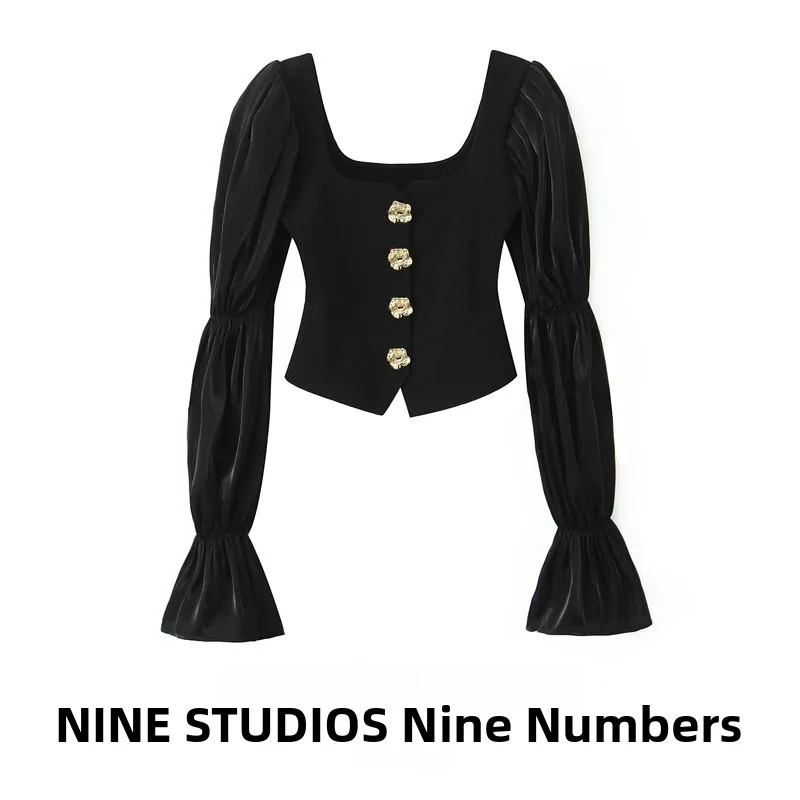 

NINE ZAR женский облегающий воротник irt, длина, эластичный топ на пуговицах, европейский хлопковый полиэстер Bubble Sve