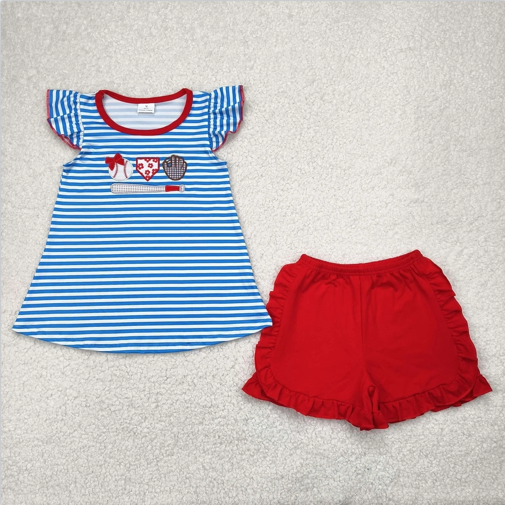 

RTS fashion children Embroidery Baby Girls Blue Stripe Flutter Sleeves Baseballs Tunic Red Ruffle Short Set baby girl Clothes