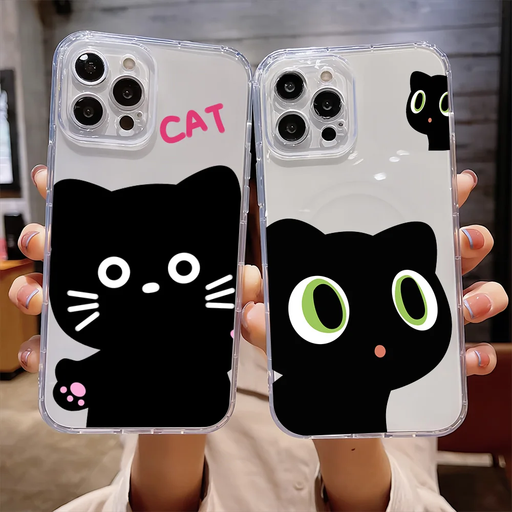 Simple Black Surprising Kitten For IPhone 16 15 14 13 12 11 Pro Max Plus Transparent Magnetic Suction Phone Case