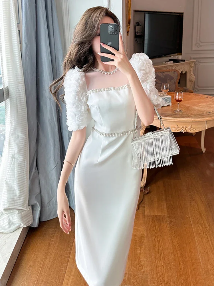 Vestido formal longo branco frisado, flores de malha pura, roupão fino, celebridade, festa de formatura, novo, verão, 2024