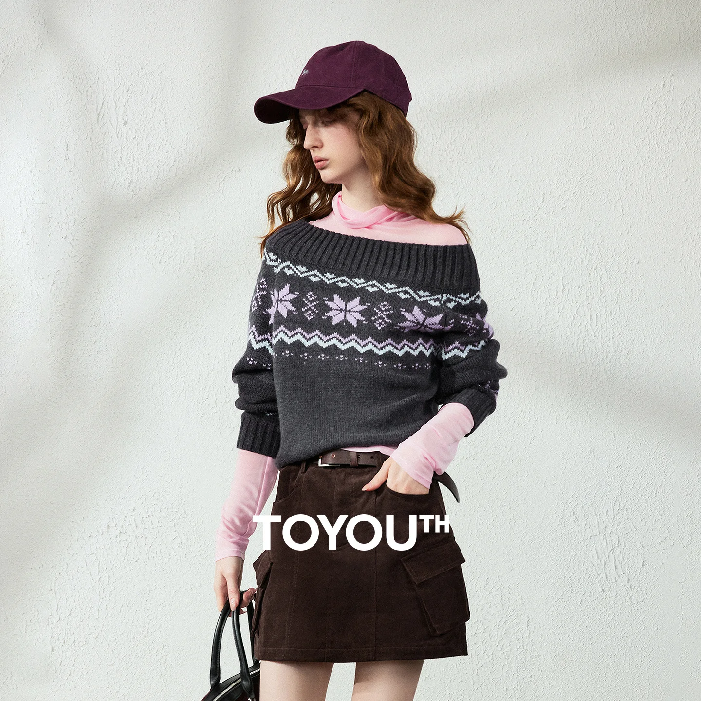 TOYOUTH Womens Knit Sweater 2026 Autumn New Nordic Off Shoulder Fair Isle Jacquard Wool Blend Top