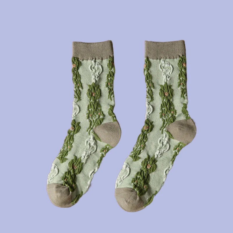 5/10 Pairs Women's Personality Trendy High Tube Retro Craft Socks Green Forest Artistic Breathable Women's Mid-tube Socks