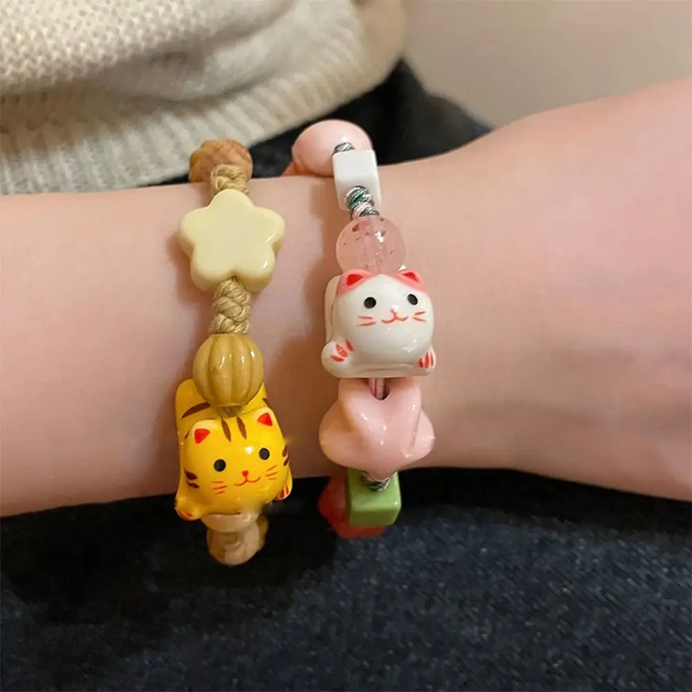 Handmade Ceramic Cat Bracelet Korean Style Lucky Cat Maneki Neko Bracelet Jewelry Accessories Liuli Bead Cat Bead Bracelet Gift